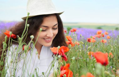 Kırmızı çiçekli haşhaş, güzel yaz manzara lavanta alanında genç kızdır