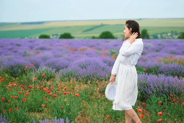 Kırmızı çiçekli haşhaş, güzel yaz manzara lavanta alanında genç kızdır