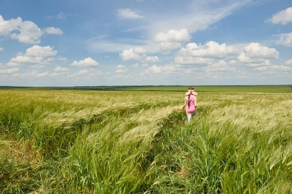 Kind Wandelen Door Het Tarweveld Felle Zon Mooie Zomerse Landschap — Stockfoto