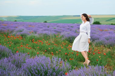 Kırmızı çiçekli haşhaş, güzel yaz manzara lavanta alanında genç kızdır