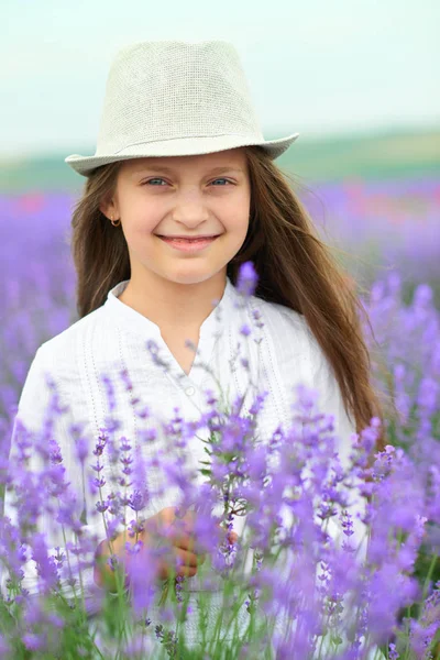Girl Lavender Field Beautiful Portrait Face Closeup Summer Landscape Red — Stock Photo, Image
