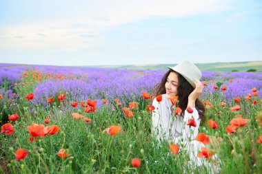 Kırmızı çiçekli haşhaş, güzel yaz manzara lavanta alanında genç kızdır