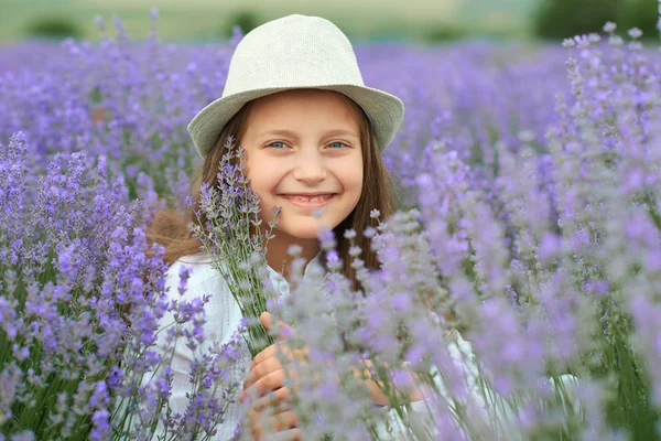 Child Girl Lavender Field Beautiful Portrait Face Closeup Summer Landscape — Stock Photo, Image