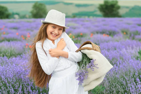 Girl Lavender Field Beautiful Portrait White Dress Summer Landscape — Stock Photo, Image