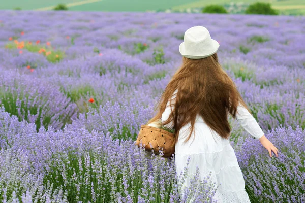 Menina Está Campo Lavanda Belo Retrato Vestido Branco Paisagem Verão — Fotografia de Stock