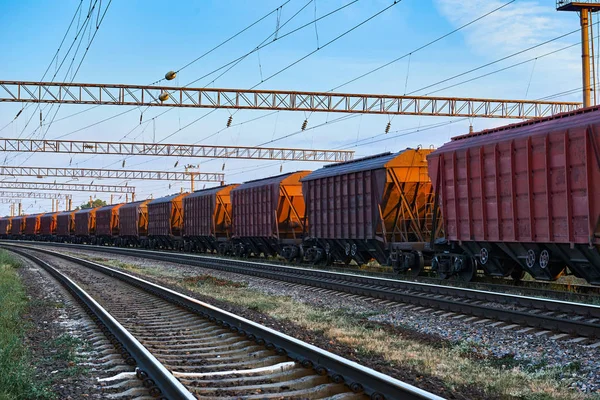 美丽的日落和多彩的天空中的铁路基础设施 干货运 运输和工业概念的轨道车 — 图库照片