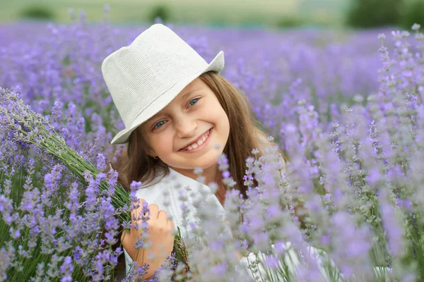 Child Girl Lavender Field Beautiful Portrait Face Closeup Summer Landscape — Stock Photo, Image