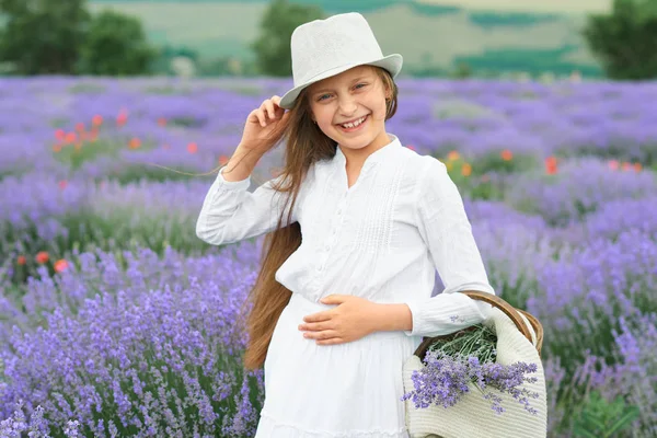 Girl Lavender Field Beautiful Portrait White Dress Summer Landscape — Stock Photo, Image