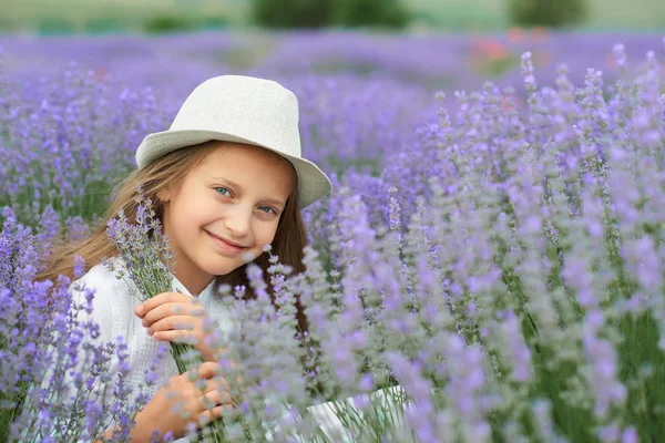 Child Girl Lavender Field Beautiful Portrait Face Closeup Summer Landscape — Stock Photo, Image