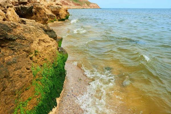 Piękny Krajobraz Zbliżenie Kamienia Plaży Wybrzeża Morza Wysokiego Wzgórza Dzikiej — Zdjęcie stockowe