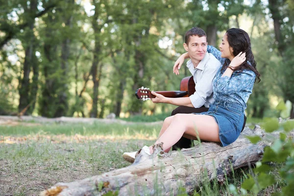 bir günlük ormanın içinde oturan ve iskambil gitar, yaz doğa, romantik duygular genç çift