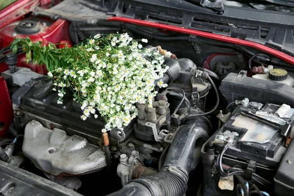 壊れた車のボンネットの下の花の花束 — ストック写真