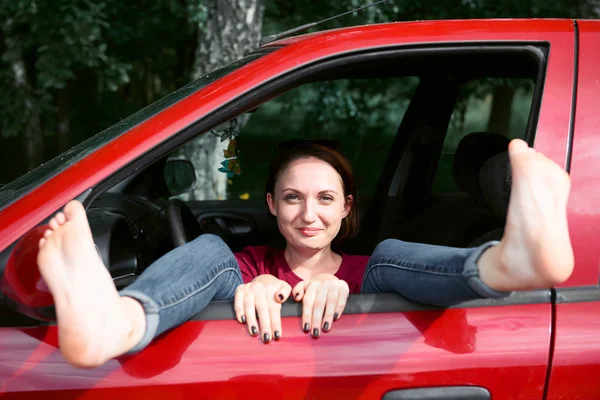Young Woman Driver Resting Red Car Put Her Feet Car — Stock Photo, Image