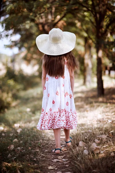 Uma Menina Caminha Longo Caminho Florestal Vestida Com Vestido Longo — Fotografia de Stock