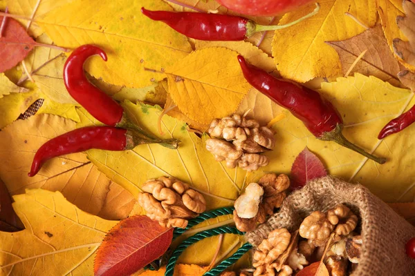 Herbsternte Obst Und Gemüse Liegen Auf Abgefallenen Gelben Blättern Äpfeln — Stockfoto