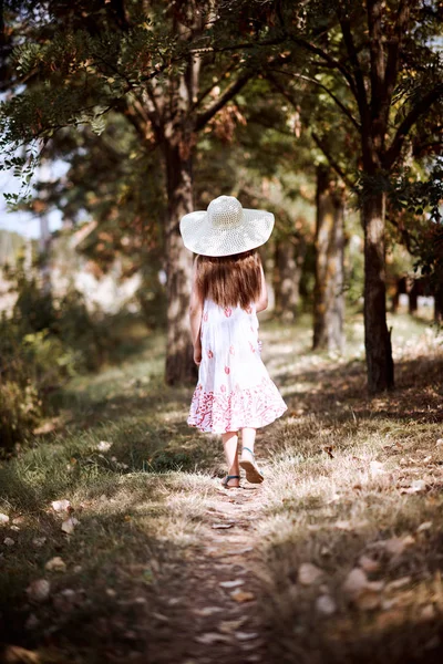 Uma Menina Caminha Longo Caminho Florestal Vestida Com Vestido Longo — Fotografia de Stock