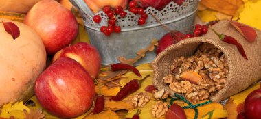 sonbaharda hasat - meyve ve sebzelerin çoğu düşen sarı yapraklar, fındık, elma, pumpkins, rowan ve biber. Sonbahar sezonu için mükemmel bir arka plan.