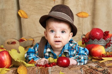 Sonbahar kavramı - çocuk çocuk yalan meyve ve vegatbles, kırmızı elma ve kabak sarı yapraklarda