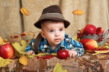 Sonbahar kavramı - çocuk çocuk yalan meyve ve vegatbles, kırmızı elma ve kabak sarı yapraklarda