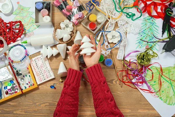 Bambini Che Fanno Decorazioni Vacanza Anno Nuovo Dipingere Acquerelli Vista — Foto Stock