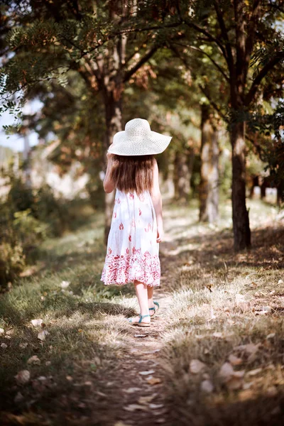 Girl Walks Forest Path Dressed Long Dress Wide Hat Bright — Stock Photo, Image