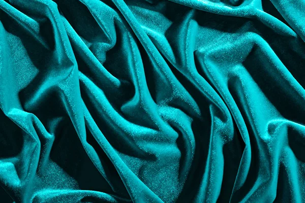 Cyan Färg Sammet Textilier För Bakgrund Eller Textur Skrynkliga Och — Stockfoto