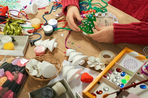 Childrens Making Decorations New Year Holiday Painting Watercolors Top View — Stock Photo, Image