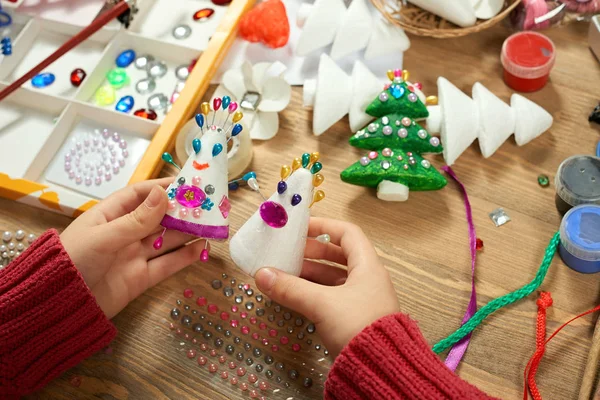 Childrens Making Decorations New Year Holiday Painting Watercolors Top View — Stock Photo, Image