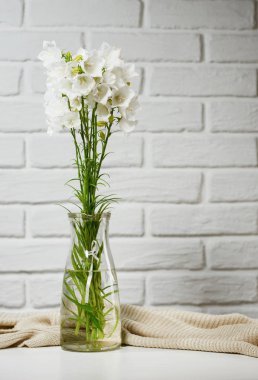 Bir vazoda beyaz çiçek örgü yün, tuğla duvar arka plan ile masada olduğunu