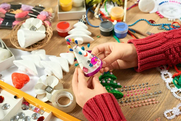 Childrens Making Decorations New Year Holiday Painting Watercolors Top View — Stock Photo, Image