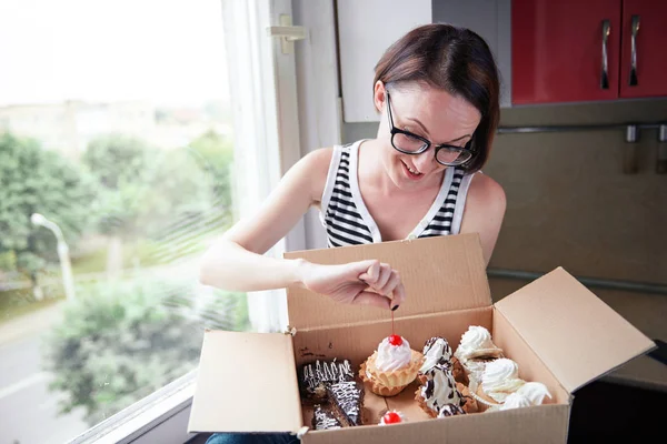 Girl Eating Tasty Cakes Sitting Window Sweet Food Pleasure — Stock Photo, Image