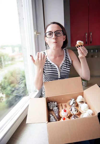 Girl Eating Tasty Cakes Sitting Window Sweet Food Pleasure — Stock Photo, Image