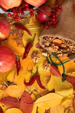 sonbaharda hasat - meyve ve sebzelerin çoğu düşen sarı yapraklar, fındık, elma, pumpkins, rowan ve biber. Sonbahar sezonu için mükemmel bir arka plan.