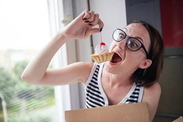 Girl Eating Tasty Cakes Sitting Window Sweet Food Pleasure — Stock Photo, Image