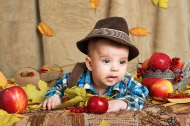 Sonbahar kavramı - çocuk çocuk yalan meyve ve vegatbles, kırmızı elma ve kabak sarı yapraklarda