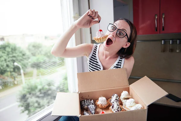 Girl Eating Tasty Cakes Sitting Window Sweet Food Pleasure — Stock Photo, Image