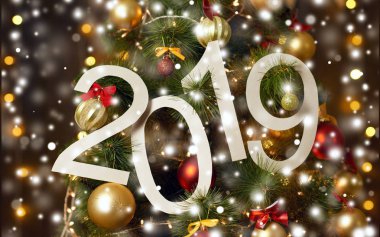 2019 soyut metin arka plan Noel ağacı ve ışıklar - parlak tatil zemin üzerinde