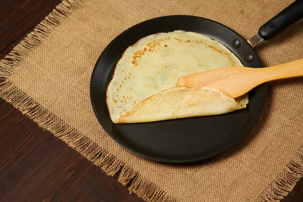 Crepe Closeup Thin Pancake Frying Pan Wood Background — Stock Photo, Image