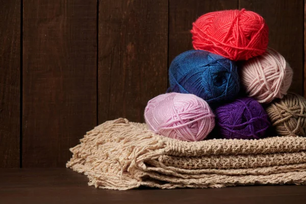Balls Woolen Thread Knitting Wooden Background — Stock Photo, Image