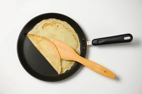 Crepe Closeup Thin Pancake Frying Pan White Background — Stock Photo, Image