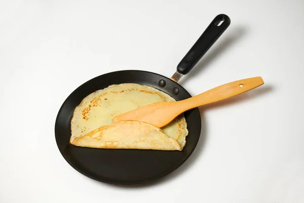 Crepe Closeup Thin Pancake Frying Pan White Background — Stock Photo, Image