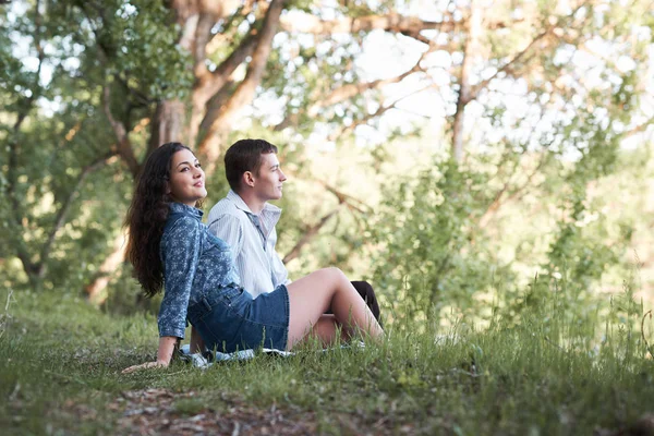 年轻夫妇坐在草地上 看着夕阳 夏日的自然 灿烂的阳光 阴影和绿叶 浪漫的感觉 — 图库照片