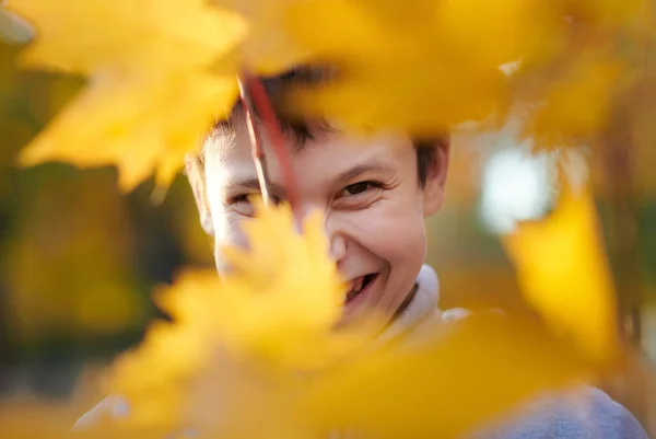 Chłopiec Dziecko Żółtymi Liśćmi Jest Jesienny Park Miejski Jasne Żółte — Zdjęcie stockowe