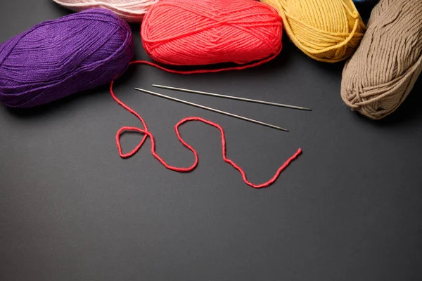 Balls Woolen Thread Knitting Black Background — Stock Photo, Image