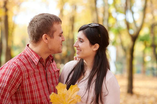 Paar Ist Herbst Stadtpark Leuchtend Gelbe Bäume — Stockfoto
