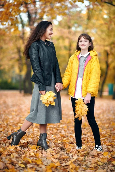 Dos Chicas Están Parque Otoño Ciudad —  Fotos de Stock