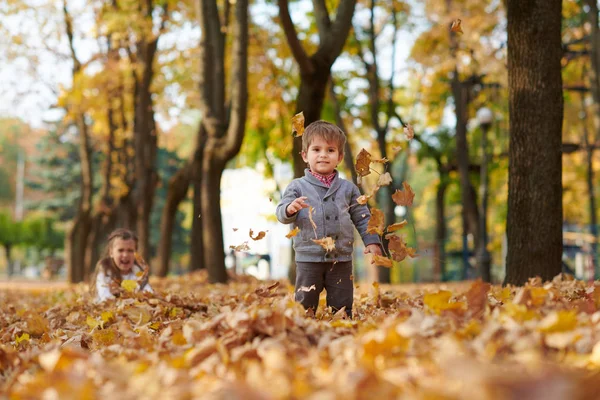Dítě Chlapec Podzimní Městského Parku Zářivě Žluté Stromy — Stock fotografie