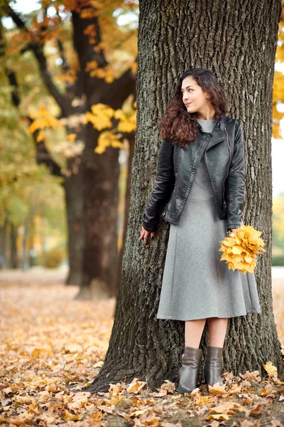 Γυναίκα Κίτρινα Φύλλα Στέκονται Κοντά Μεγάλο Δέντρο Στο Φθινοπωρινό Πάρκο — Φωτογραφία Αρχείου