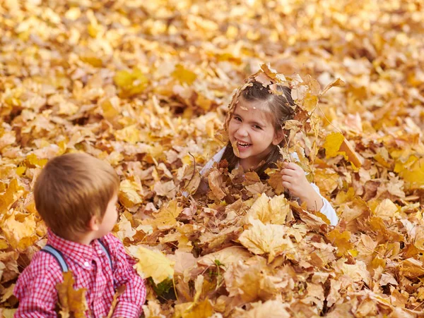在秋天的城市公园里 孩子们躺在落叶上玩耍 — 图库照片