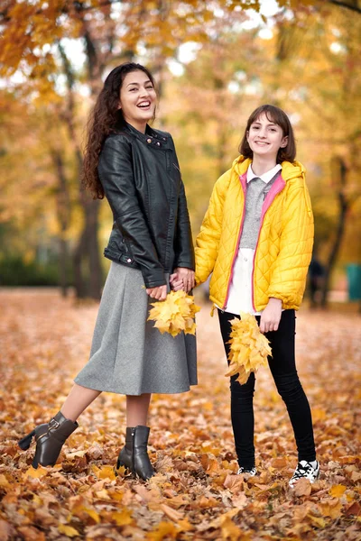 Dos Chicas Están Parque Otoño Ciudad —  Fotos de Stock